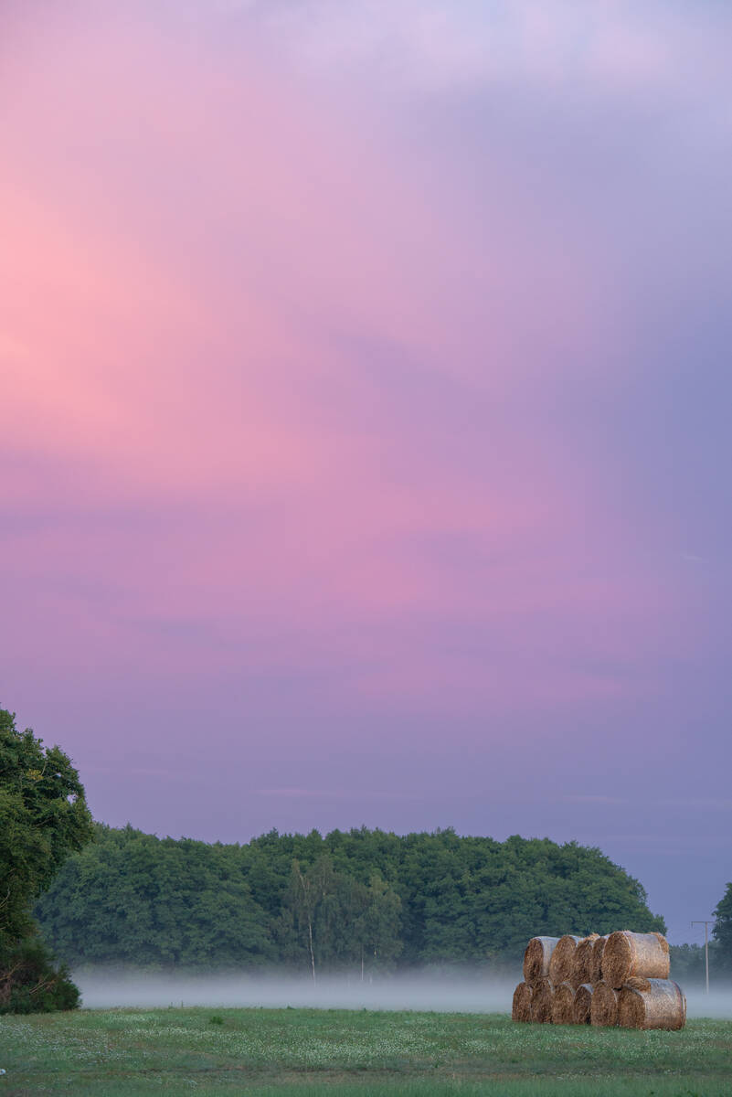 Heuballen unter einem rosafarbenen Abendhimmel